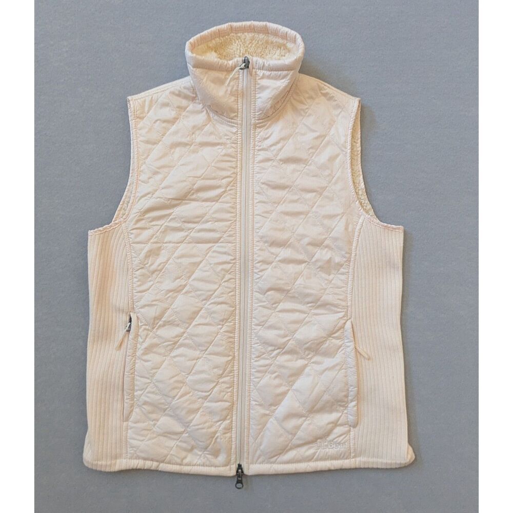 L.L.Bean Sherpa Lined Quilted Vest Women's Small Cream Full Zip Fleece Lined